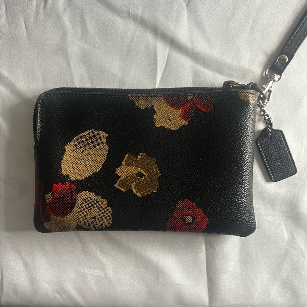 Coach Black Floral Wristlet with Red & Gold Blooms - Picture 7 of 8